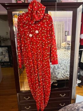Bliss Red Hooded Women’s Onesie Pajamas with Pom-Tie Detail